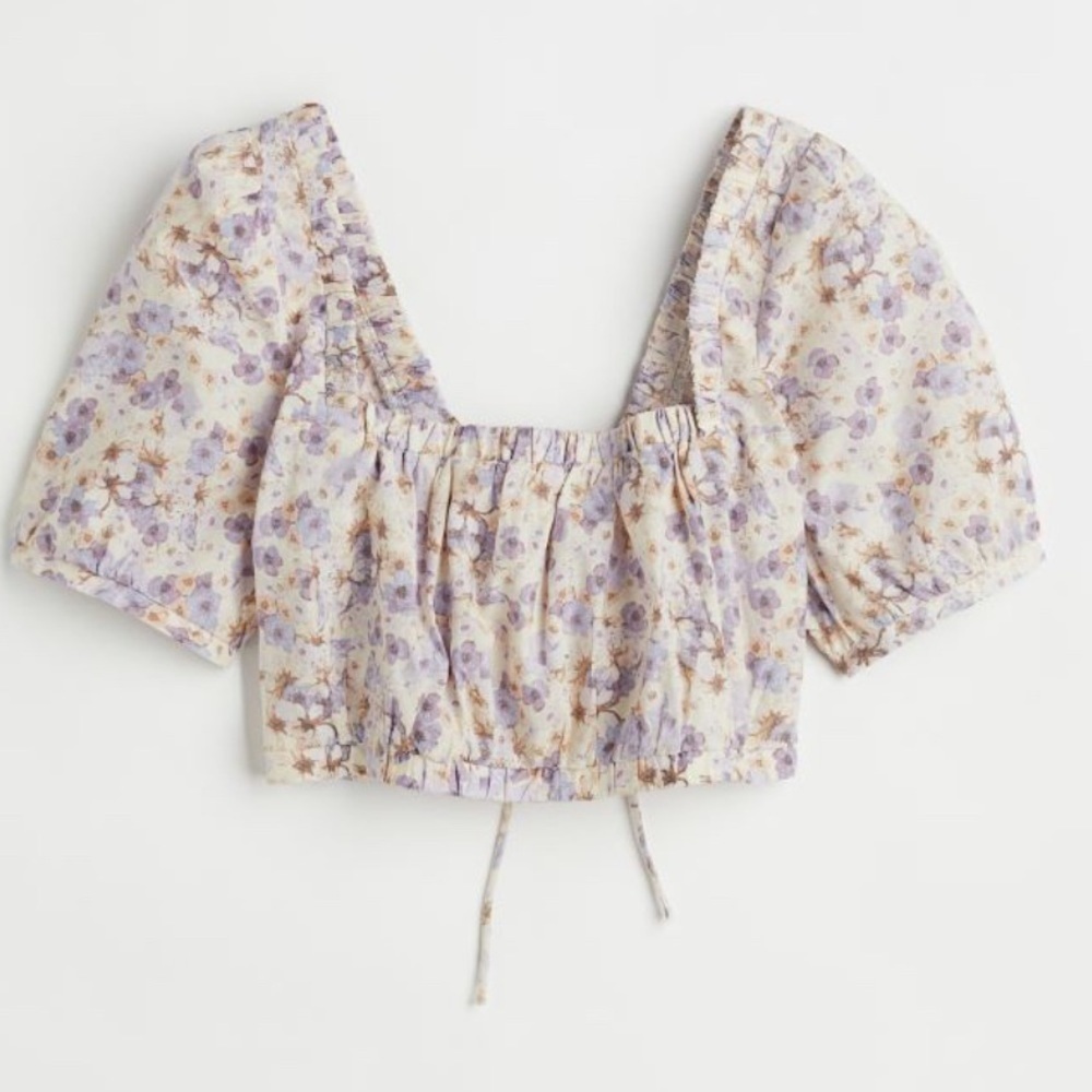 H&M floral Linen-blend Crop Blouse